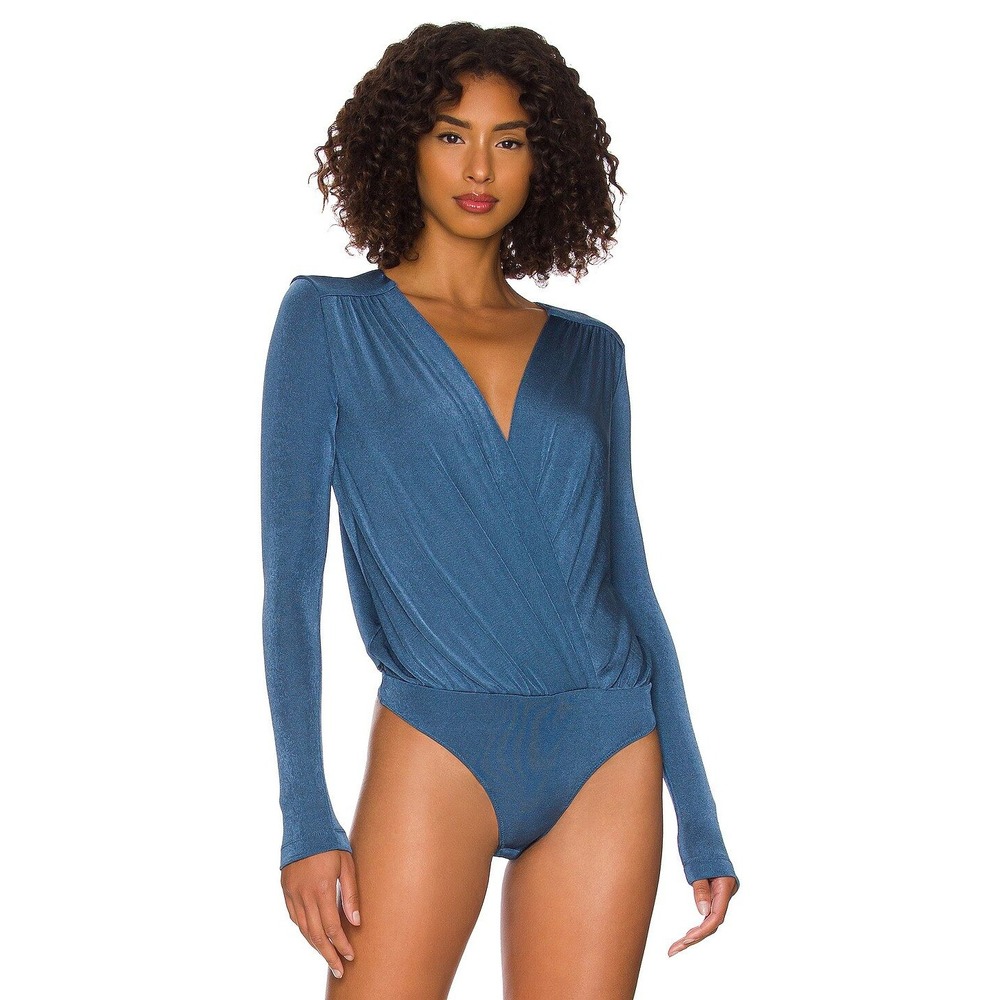 Free People Turnt Bodysuit Womens S Metal Blue Deep V-Neck Long Sleeve OB1064738